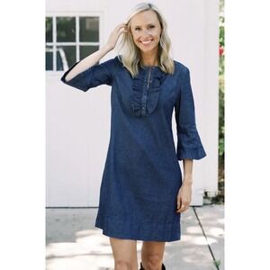 Draper James Chambray Ruffle Shift Dress in Dark Wash Size 8 Flared Sleeve